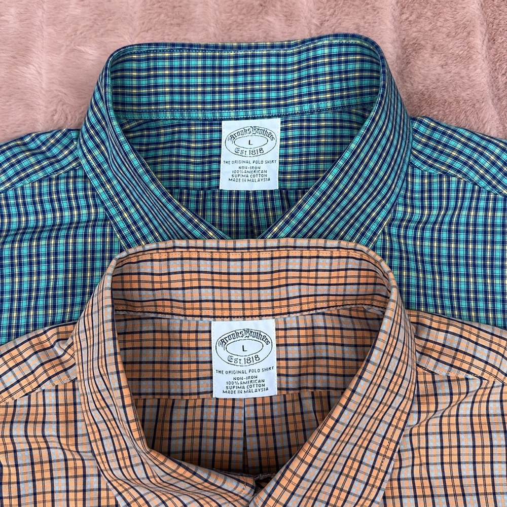 Two S/S Men’s Size L Brooks Bros button downs, blue plaid and orange plaid